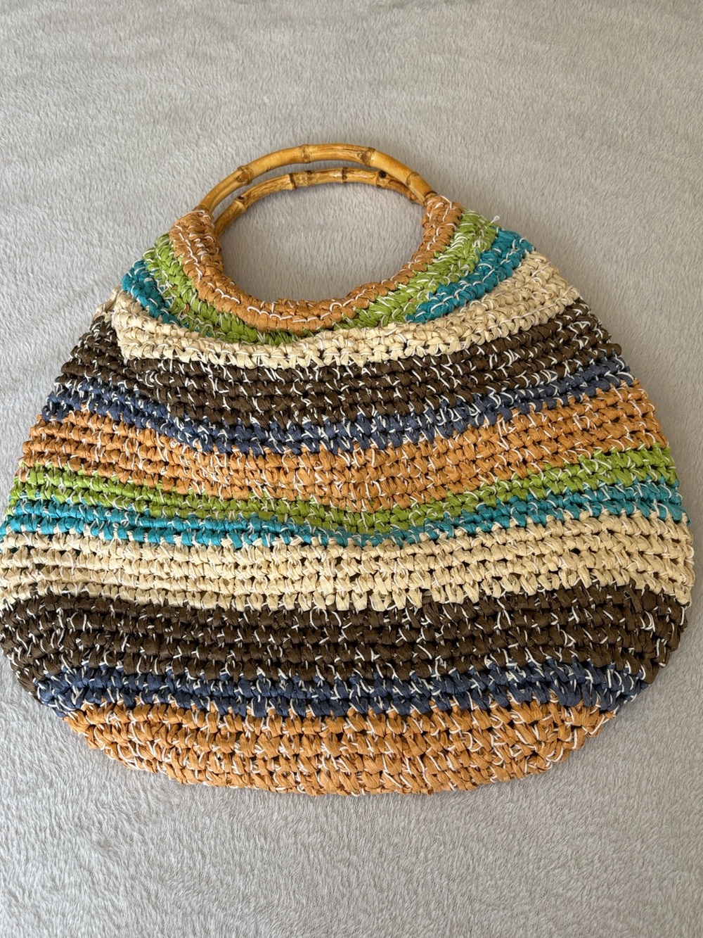 Woven Multicolor Paper Straw Lined Tote Bamboo Handles Rainbow Snap closure EUC